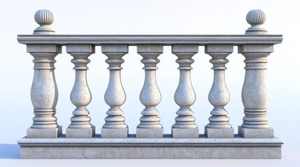 Fototapeta premium Balustrade elements in 3D: stone pillars, columns, balusters, handrails, and bases for classic fences on balconies, terraces, and parapets.