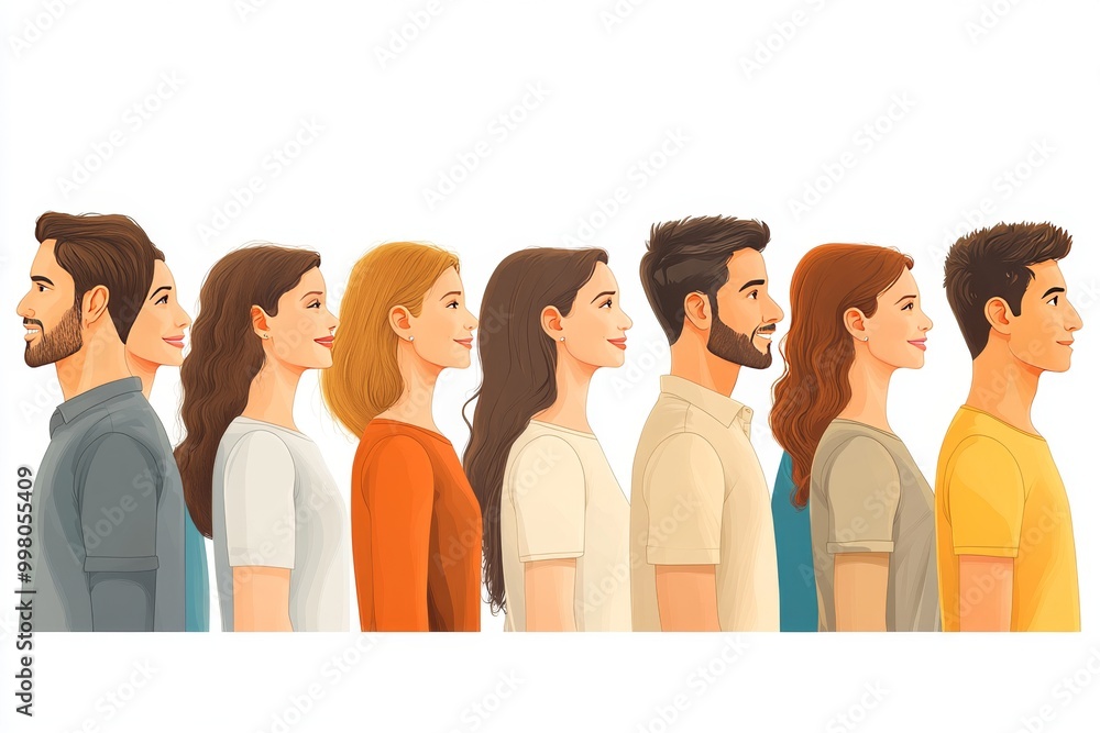 Poster minimalist side profile portrait of diverse individuals standing in a line symbolizing unity connect