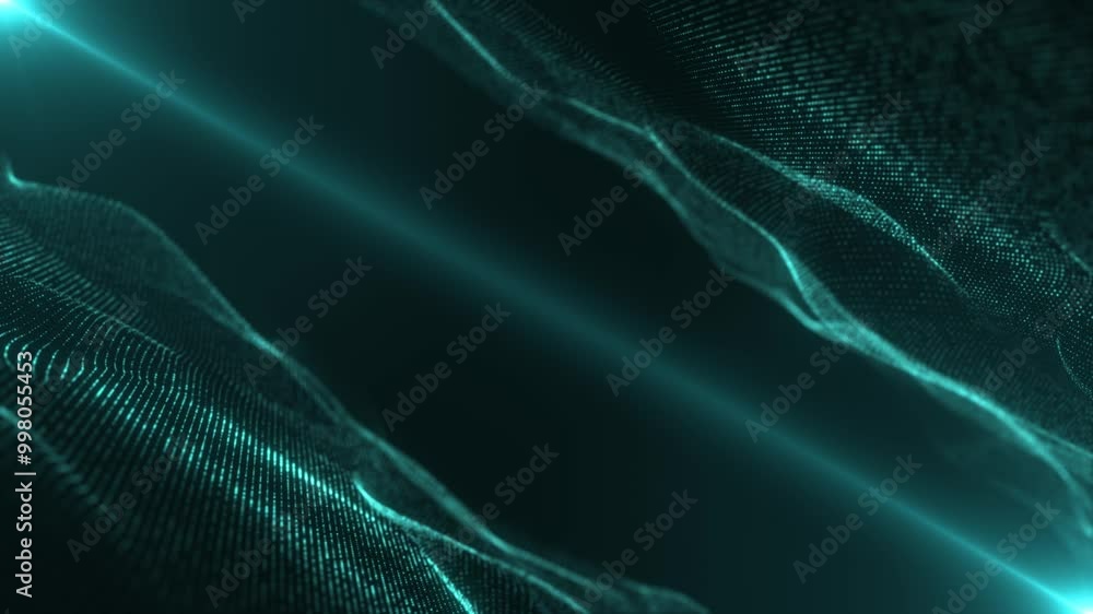 Poster abstract glowing wave from of particles and dots moves on a blue background, big data visualization,