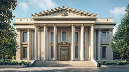 Obraz premium Bank edifice in 3D, featuring classical architecture with pillars, resembling a museum or government building.