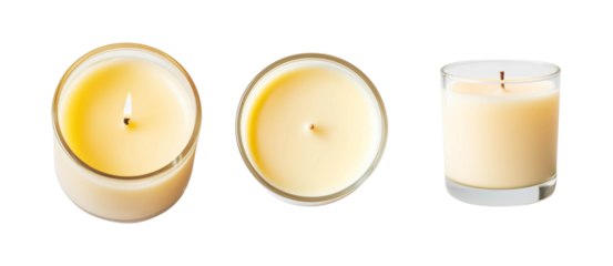 A collection of three warm, yellow candles in different shapes. Perfect for creating a cozy atmosphere in any setting.