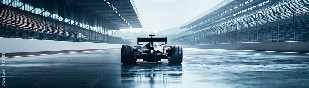 Poster an empty grandstand overlooking a still formula 1 car, representing the end of an era for the sport.