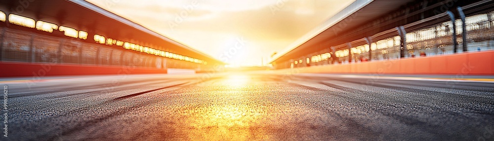 Poster the final lap of an empty racetrack under a setting sun, representing a farewell to formula 1, with 