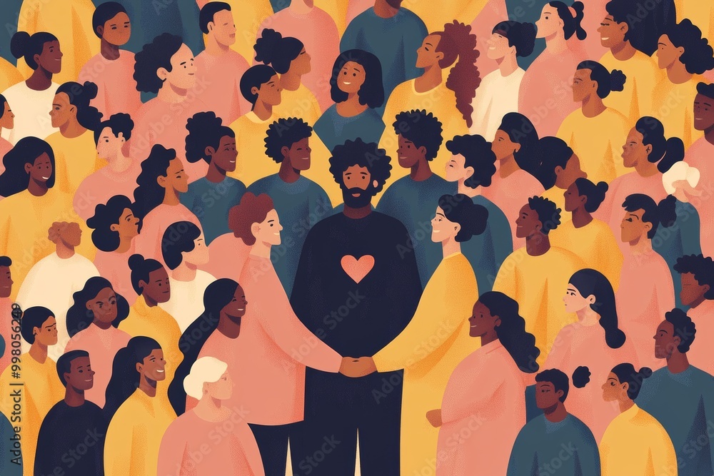 Poster bold abstract illustration of diverse faces in profile with warm tones symbolizing unity diversity a
