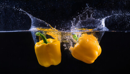 Fresh yellow bell peppers and water splash, black background. Natural vegetable. Tasty farm food