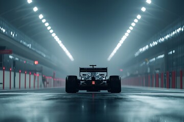 Fototapeta premium A distant view of a Formula 1 car parked under the race starting lights, which are turned off, symbolizing the end of an era. The background offers room for messaging or other elements.