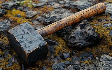 Fototapeta premium Forge's Might: Iron Hammer with Carved Handle on Earthy Ground