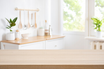 Wooden table top on defocused rustic kitchen bench interior background