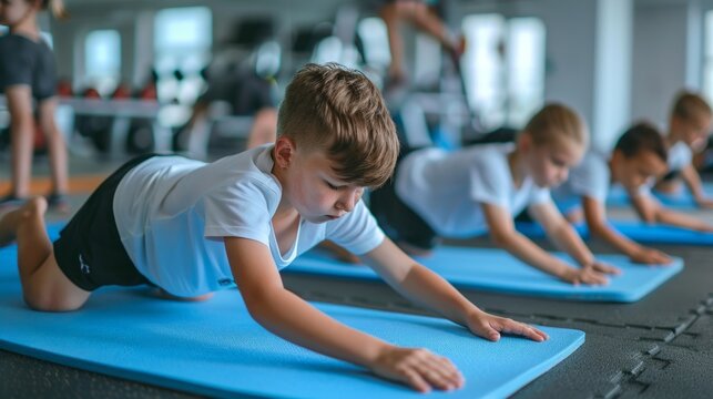A group of children are doing yoga on mats