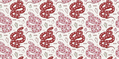 Seamless pattern with hand drawn snakes. 2025 New Year wallpaper, textile, wrap design template. Chinese New Year symbol snake background. Vector illustration