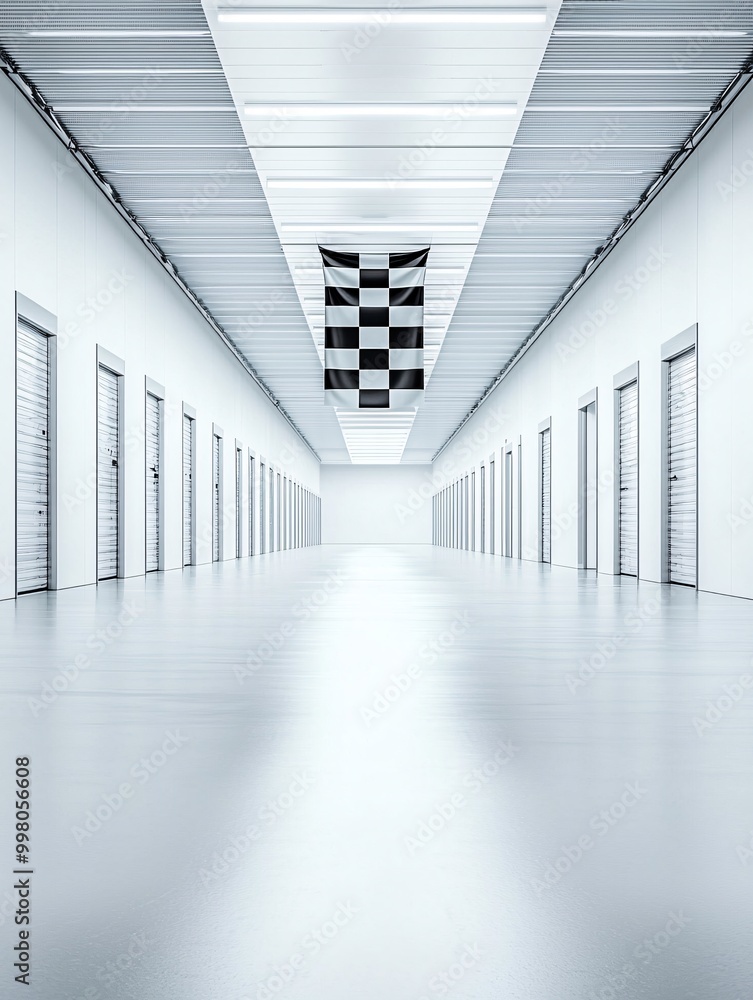 Poster the final image of a checkered flag hanging in an empty racetrack garage, representing the close of 