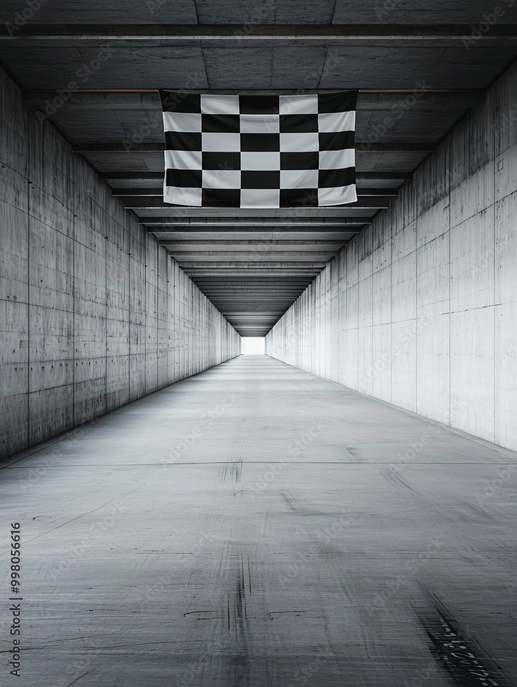 Poster the final image of a checkered flag hanging in an empty racetrack garage, representing the close of 