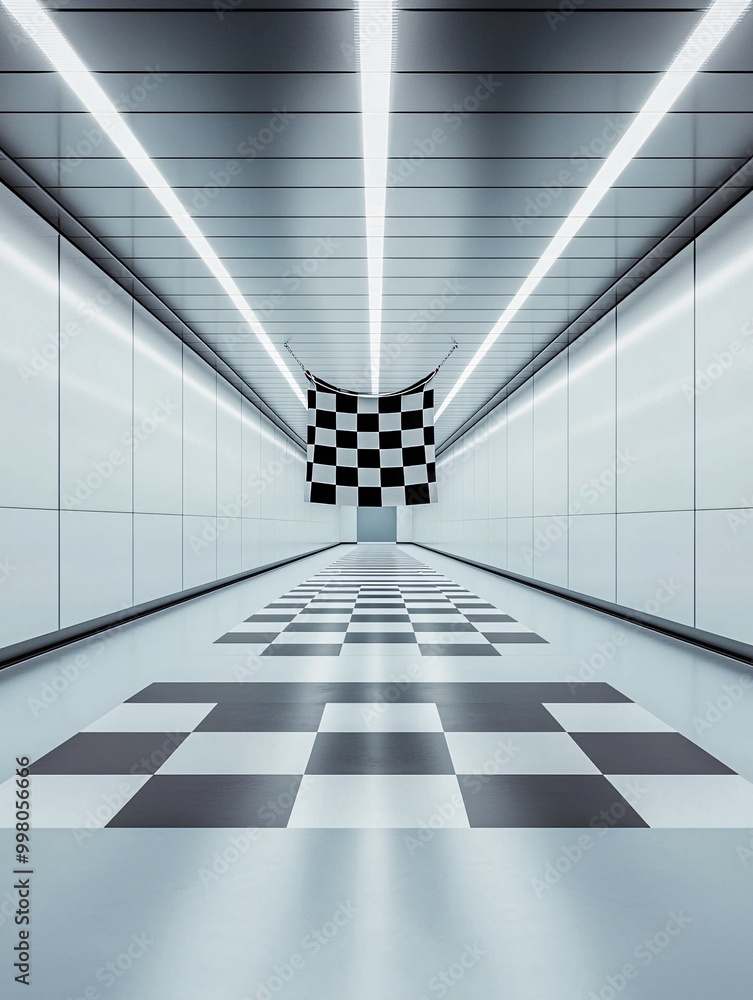 Poster the final image of a checkered flag hanging in an empty racetrack garage, representing the close of 