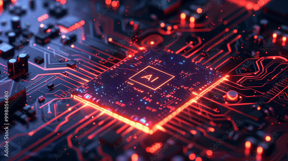 Poster 3d close-up of an illuminated neon orange glowing ai artificial intelligence chip on a futuristic ci