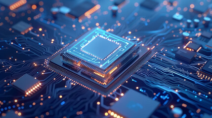 AI Artificial Intelligence Digital futuristic chip data concept. Neon glowing blue technology electronic. Circuit board presentation illustration innovation data