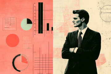 A confident businessman with folded arms stands against a background of various charts and graphs, symbolizing success and analytics.