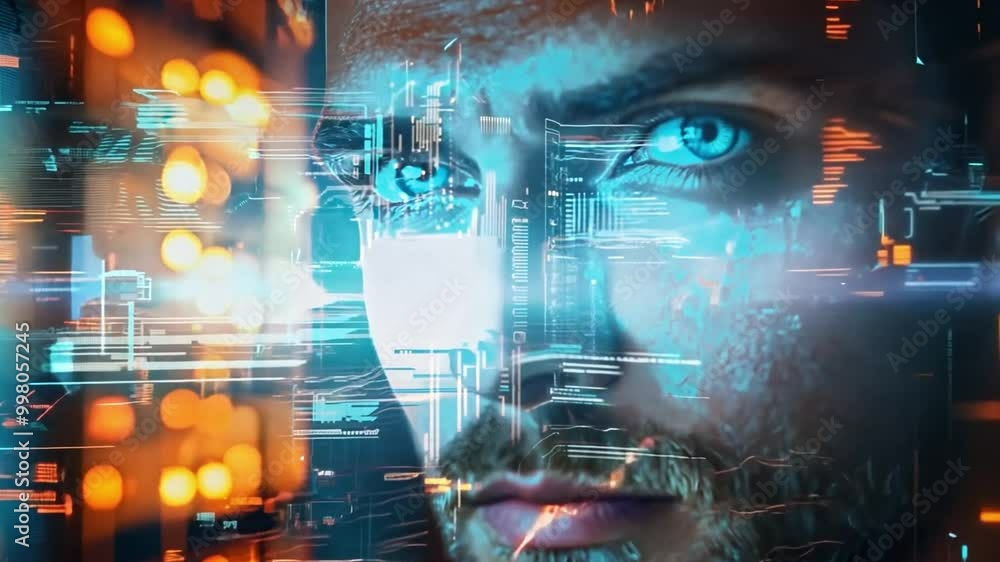 Fototapete the man gazes intently as vibrant digital graphics overlay his face, symbolizing advanced technology
