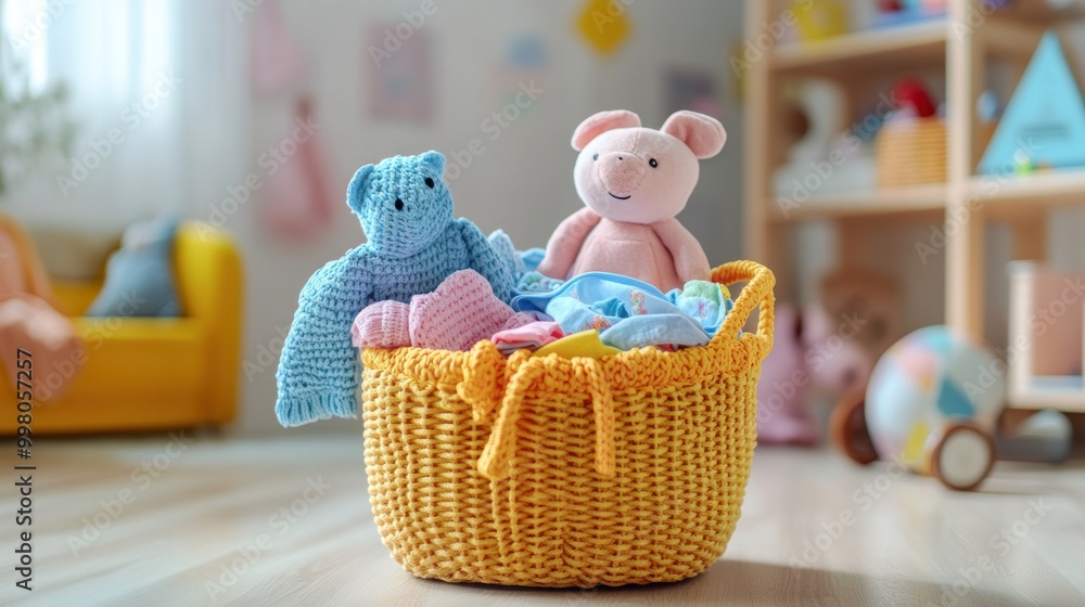 Aufkleber colorful children's clothes and soft toys fill a laundry basket in a brightly lit room, creating a c