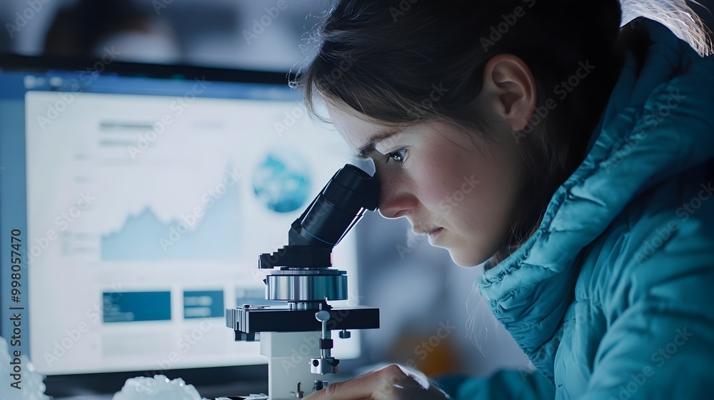 Aufkleber climate scientist examining polar ice samples with graphs and data charts in laboratory