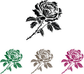 Elegant Rose Design: Vector illustration of a single rose in black and white, with variations in green, taupe, and burgundy. Perfect for invitations, logos, and more. 