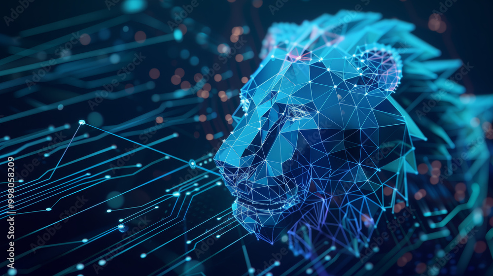 Poster ai chip and polygonal head of lion with glowing neon blue circuit board with wireframe grid laser li