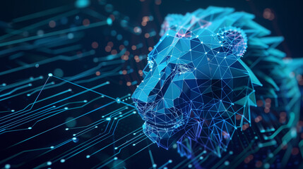 Obraz premium AI chip and polygonal head of lion with glowing neon blue circuit board with wireframe grid laser lines. Abstract geometric illustration Artificial chip presentation background 