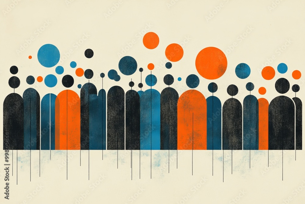 Poster bold abstract illustration of figures with geometric shapes symbolizing connection structure and uni
