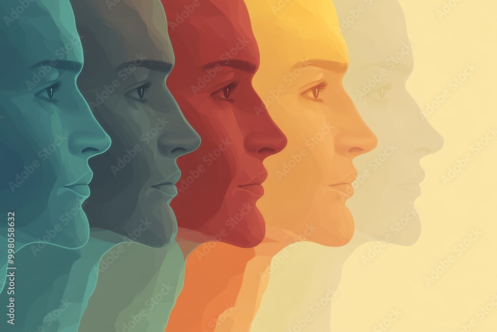 Poster abstract gradient portrait of multiple faces overlapping symbolizing unity individuality and connect