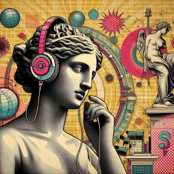 Pop art halftone collage with antique statue in headphones and grunge singer paper elements. Retro composition. Club party poster, podcast, magazine. Y2K, 80s, 90s style. Psychedelic, surreal art. ani