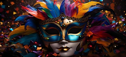 Fototapeta premium venetian carnival mask with sequins on wooden desk venetian carnival mask with sequins on wooden desk