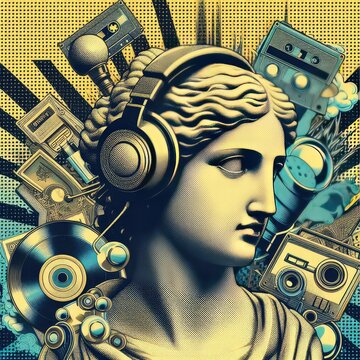 Pop art halftone collage with antique statue in headphones and grunge singer paper elements. Retro composition. Club party poster, podcast, magazine. Y2K, 80s, 90s style. Psychedelic, surreal art. ani