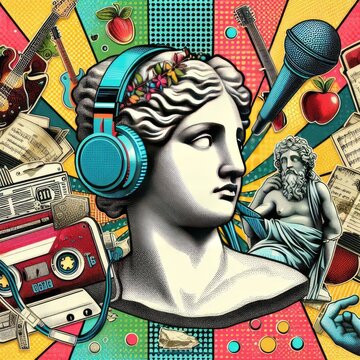 Pop art halftone collage with antique statue in headphones and grunge singer paper elements. Retro composition. Club party poster, podcast, magazine. Y2K, 80s, 90s style. Psychedelic, surreal art. ani