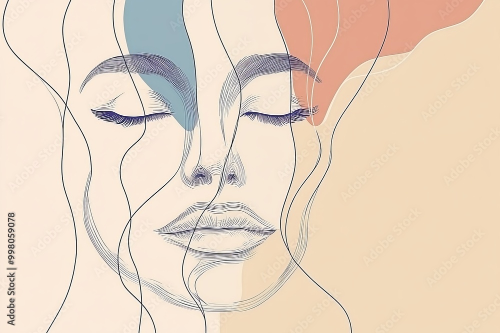 Aufkleber abstract line art portrait of a woman’s face symbolizing emotion reflection and vulnerability in a s