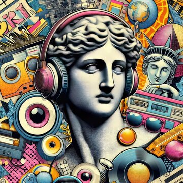 Pop art halftone collage with antique statue in headphones and grunge singer paper elements. Retro composition. Club party poster, podcast, magazine. Y2K, 80s, 90s style. Psychedelic, surreal art. ani