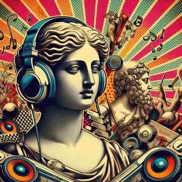 Pop art halftone collage with antique statue in headphones and grunge singer paper elements. Retro composition. Club party poster, podcast, magazine. Y2K, 80s, 90s style. Psychedelic, surreal art. ani