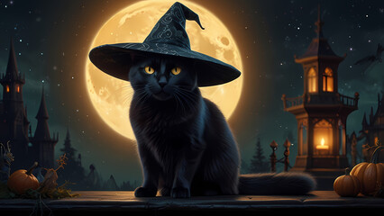 illustration of a black cat wearing a traditional witch's robe and a pointy witch hat