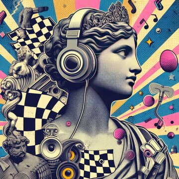 Pop art halftone collage with antique statue in headphones and grunge singer paper elements. Retro composition. Club party poster, podcast, magazine. Y2K, 80s, 90s style. Psychedelic, surreal art. ani