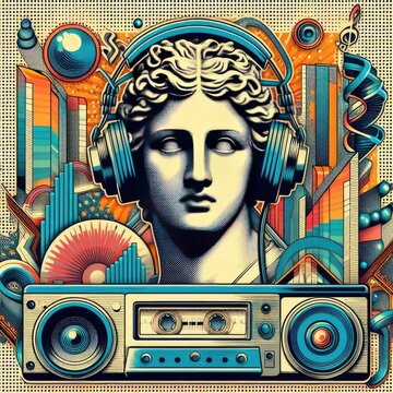 Pop art halftone collage with antique statue in headphones and grunge singer paper elements. Retro composition. Club party poster, podcast, magazine. Y2K, 80s, 90s style. Psychedelic, surreal art. ani