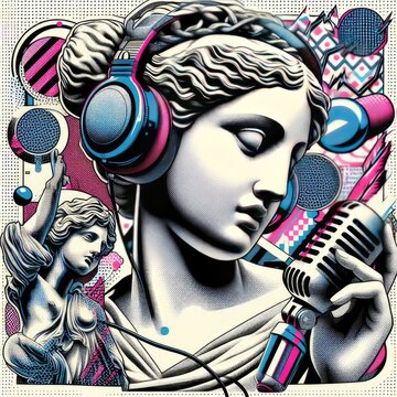 Pop art halftone collage with antique statue in headphones and grunge singer paper elements. Retro composition. Club party poster, podcast, magazine. Y2K, 80s, 90s style. Psychedelic, surreal art. ani