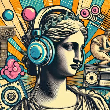 Pop art halftone collage with antique statue in headphones and grunge singer paper elements. Retro composition. Club party poster, podcast, magazine. Y2K, 80s, 90s style. Psychedelic, surreal art. ani