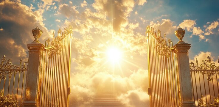 A golden, pearly gate opens onto heaven, with clouds in the background and stairs leading up. The sun is shining through the gate. 