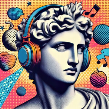 Pop art halftone collage with antique statue in headphones and grunge singer paper elements. Retro composition. Club party poster, podcast, magazine. Y2K, 80s, 90s style. Psychedelic, surreal art. ani