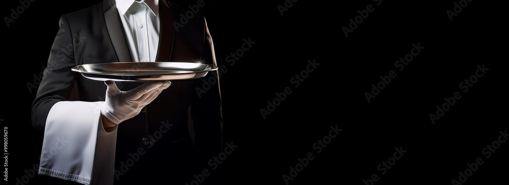 Poster close-up and front view of a waiter or chef, holding a silver metal empty serving tray, isolated on 