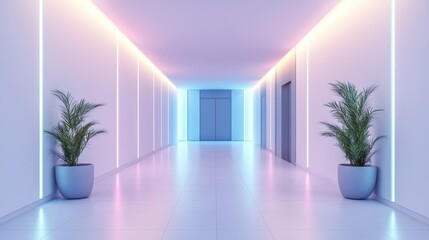 Spacious modern hall with a minimalist design, featuring blank walls and neon lighting for a techno-inspired look