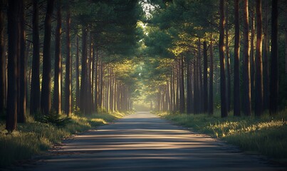 Fototapeta premium Peaceful Forest Road with Towering Pine Trees and Sunlight Filtering Through Leaves