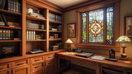 A cozy craftsman-style home office with built-in wood shelving, a sturdy desk, and a stained glass window
