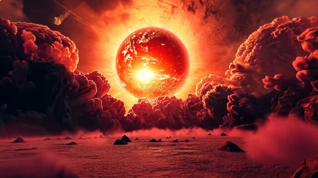 Red planet exploding over ancient civilization ruins