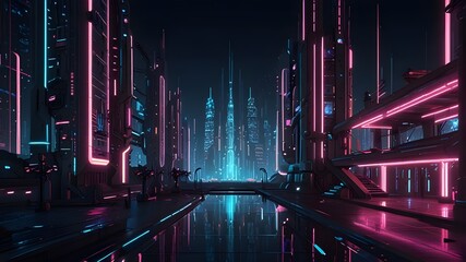 Sci-fi Metropolis with Blue and Pink Neon lights. Night scene with Advanced Architecture. Generative AI