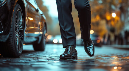 close up of man wearing black shoes stepping out from luxury car, business suit, blurry background, car on the left side of frame,