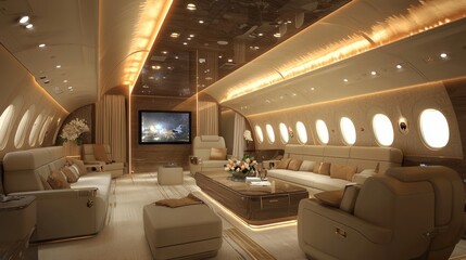 Opulent Comfort: Luxurious Private Jet Interior with Plush Seating and Elegant Design